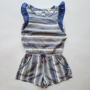 Cat & Jack Girls Blue and White Striped Linen Jumper with Flutter Sleeves M 7/8